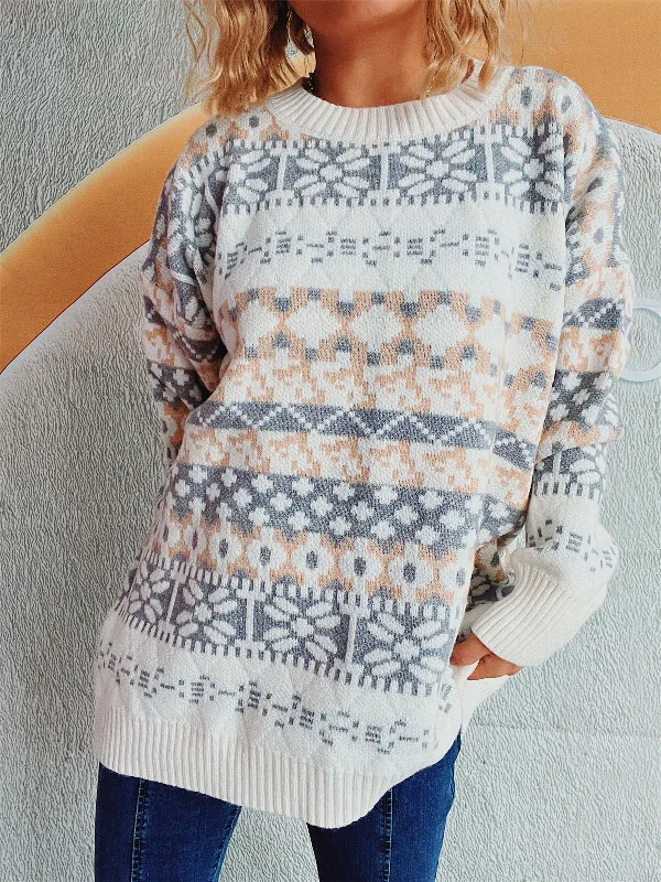 Hazel Blues® | Geometric Round Neck Dropped Shoulder Sweater Long Sweater Short Sweater Cropped Sweater Hazel Blues® | Geometric Round Neck Dropped Shoulder Sweater Long Sweater Short Sweater Cropped Sweater