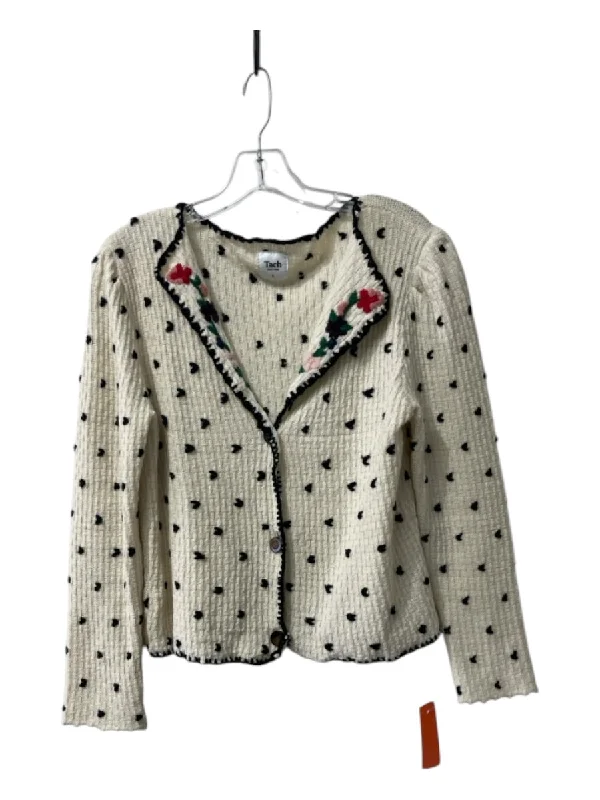 Tach Size Large Cream, Navy & Multi Merino Wool Puff Shoulder Floral Cardigan Bright Pastel Dark