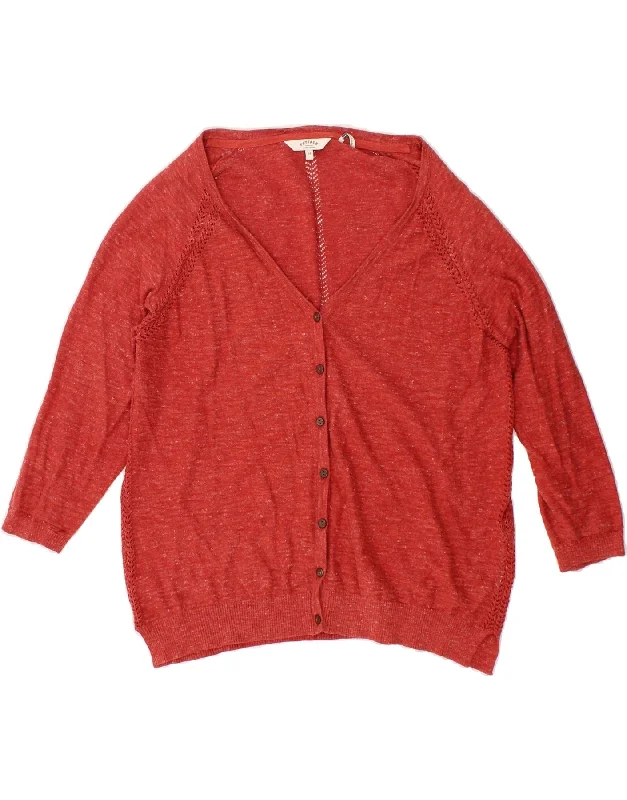 FAT FACE Womens 3/4 Sleeve Cardigan Sweater UK 14 Large Red Cotton Chenille Blend Fleece Blend Nylon Blend