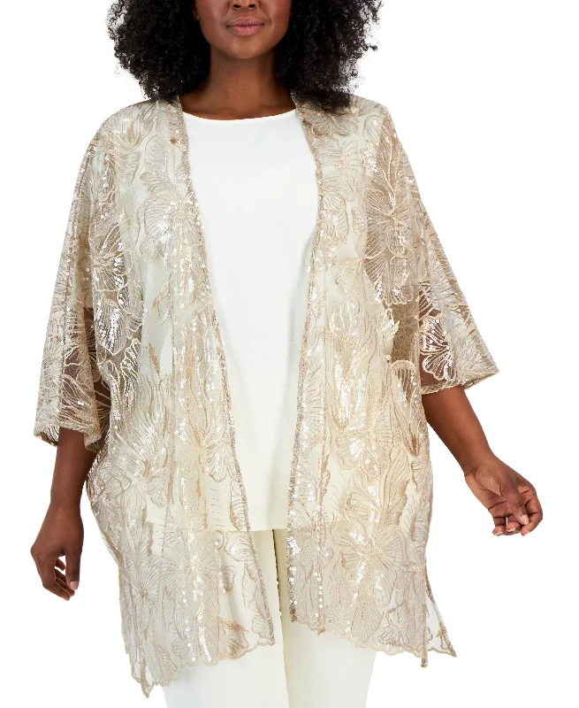 Plus Size Sheer Sequin-Detail 3/4-Sleeve Cardigan Casual Formal Business