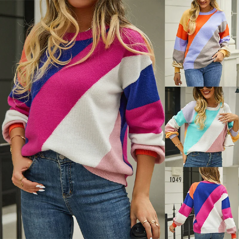 Women's Simple Striped Patchwork Sweater Print Jacquard Patchwork