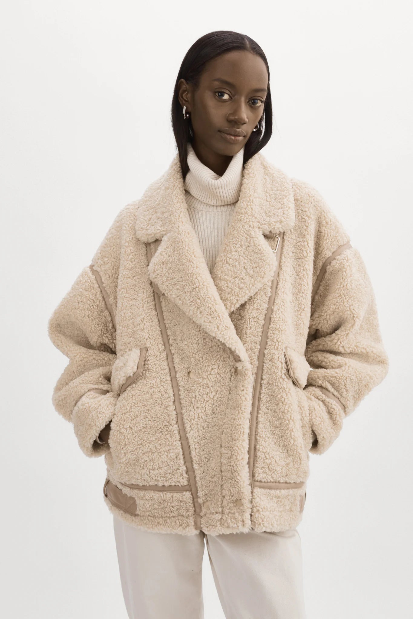 BADU OVERSIZED SHERLING BEIGE JACKET One-Shoulder Jacket Off-the-Shoulder Jacket Asymmetrical Jacket