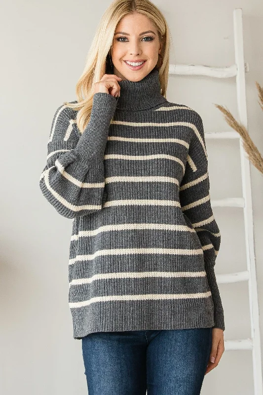 Heavy Knit Striped Turtle Neck Knit Sweater Ribbed Striped Patterned