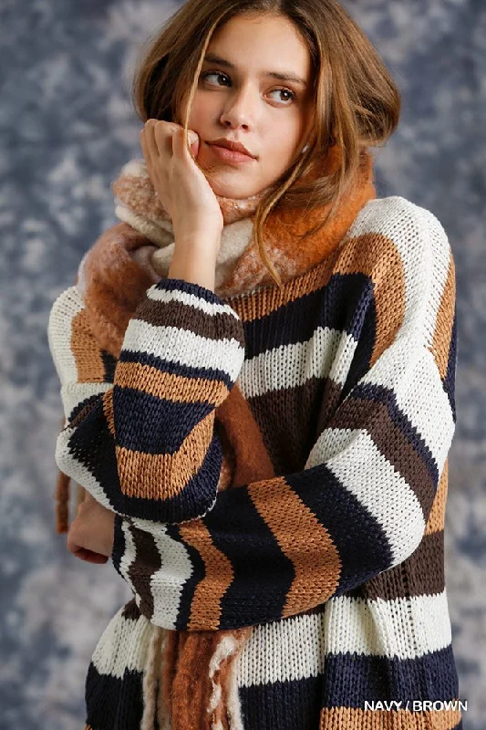 Multicolored Stripe Round Neck Long Sleeve Knit Sweater Zippered Buttoned Snapped