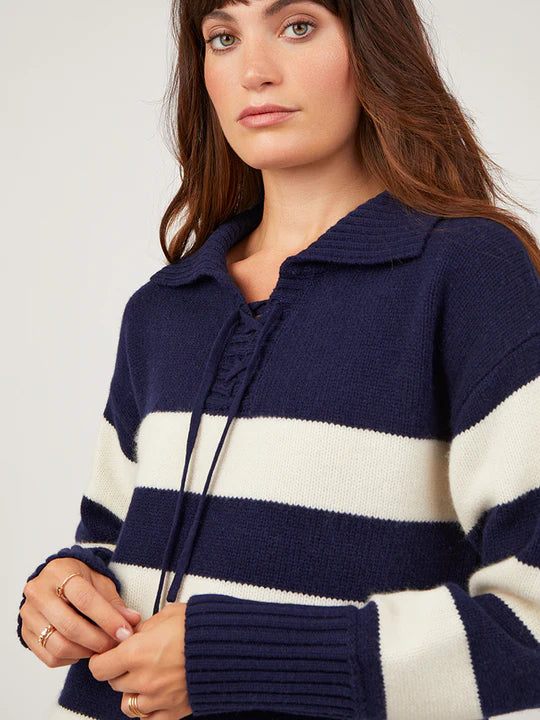 Cocoa Cashmere Stripe Tie Neck Sweater Fitted Loose Oversized