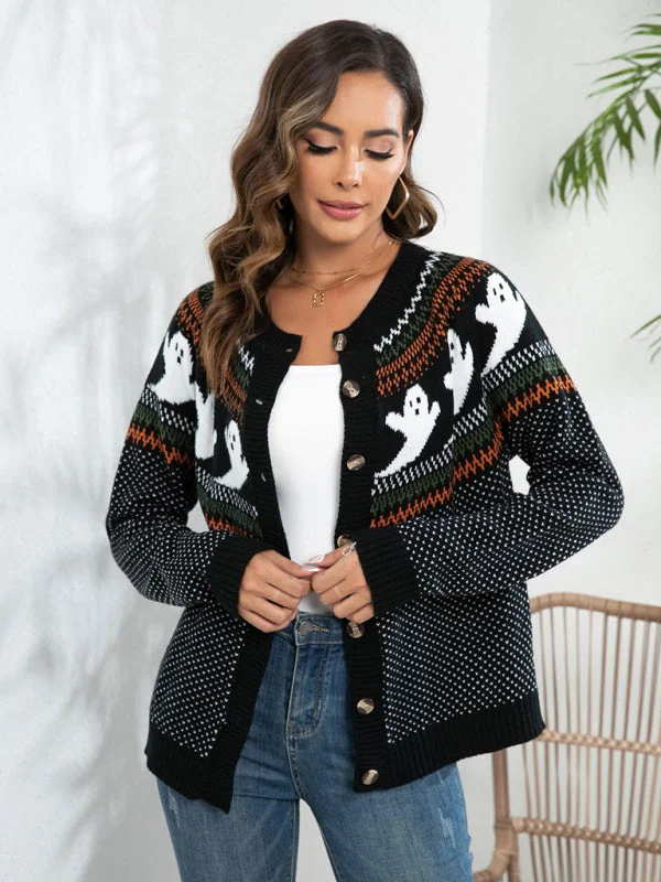New Halloween ghost retro polka dot long sleeve knitted cardigan sweater Boat Neck Shawl Collar Notched Collar New Halloween ghost retro polka dot long sleeve knitted cardigan sweater Boat Neck Shawl Collar Notched Collar