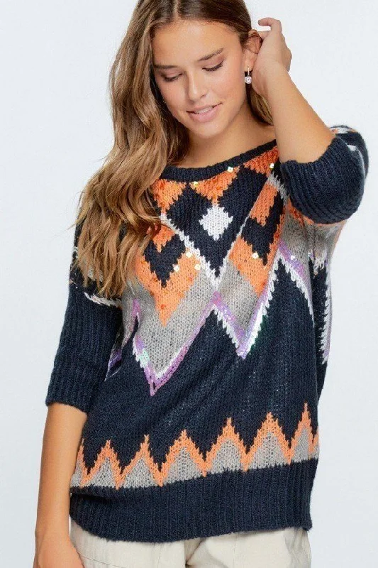 Pattern With Glitter Accent Sweater Slim Fit Regular Fit Oversized