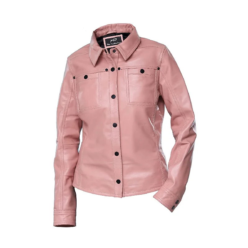 Women's Light Pink Shirt Style Leather Jacket Welt Pockets Slit Pockets Flap Pockets Women's Light Pink Shirt Style Leather Jacket Welt Pockets Slit Pockets Flap Pockets