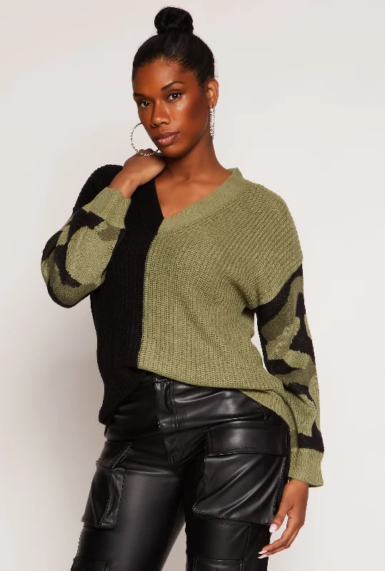 Color Blocked Camouflage Sweater Iron Safe Non-Iron Wrinkle Free