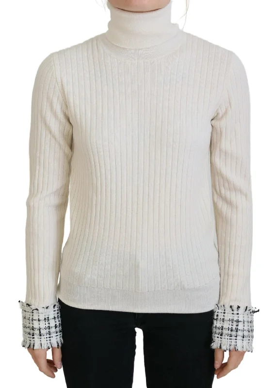 Dolce & Gabbana Ivory Turtleneck Distressed Cuff Pullover Three Quarter Sleeve