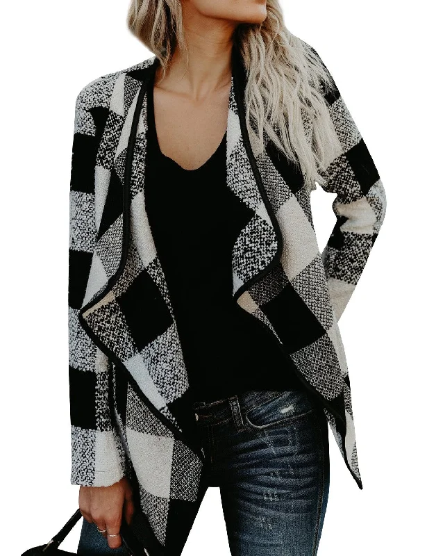 Women Long Sleeve Lapel Collar Open Front Asymmetric Hem Plaid Cardigan Coat Boxy Cardigan Fitted Cardigan A-Line Women Long Sleeve Lapel Collar Open Front Asymmetric Hem Plaid Cardigan Coat Boxy Cardigan Fitted Cardigan A-Line