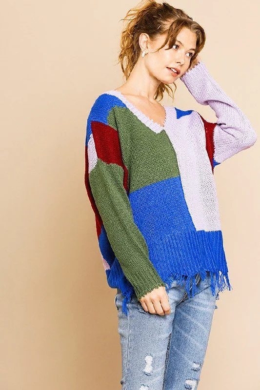 Color Blocked Long Sleeve V-neck Knit Pullover Sweater Herringbone Houndstooth Plaid