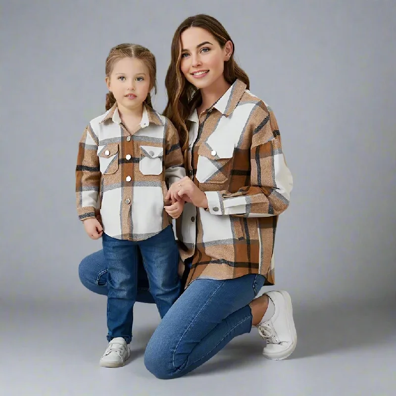 Matching Mommy & Me Plaid Flannel Shirts Cozy Button-Up Jackets for Fall Print Jacket Jacquard Jacket Patchwork Jacket