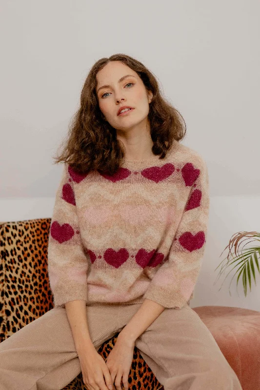 JEFF Red & Beige Heart Sweater Elasticated Padded Insulated