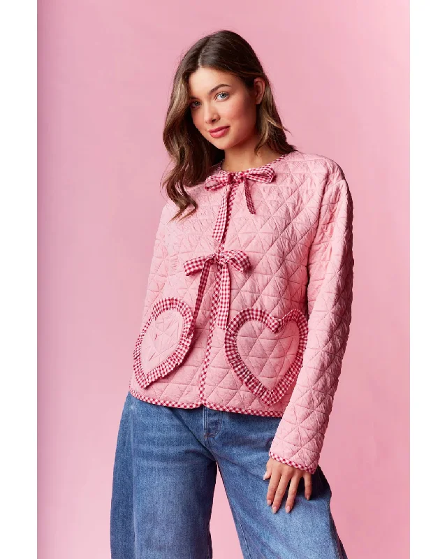 Quilted Heart Pocket Jacket Pink Collared Jacket Crew Neck Jacket Turtle Neck Jacket