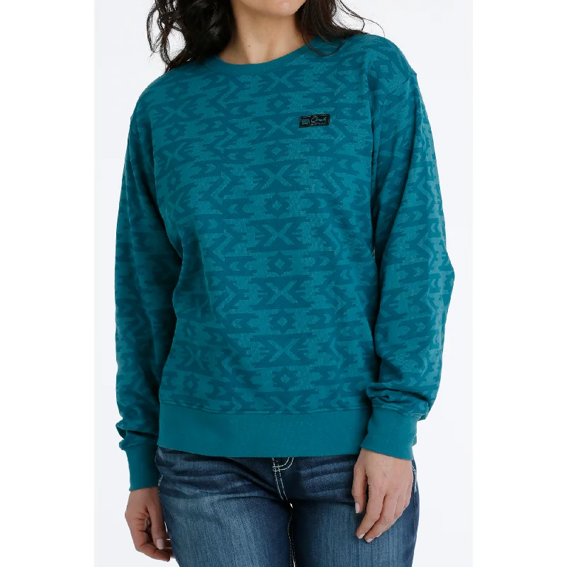 Cinch Ladies Teal Aztec Print Pullover MAK7905001 Sabrina Neck Pullover