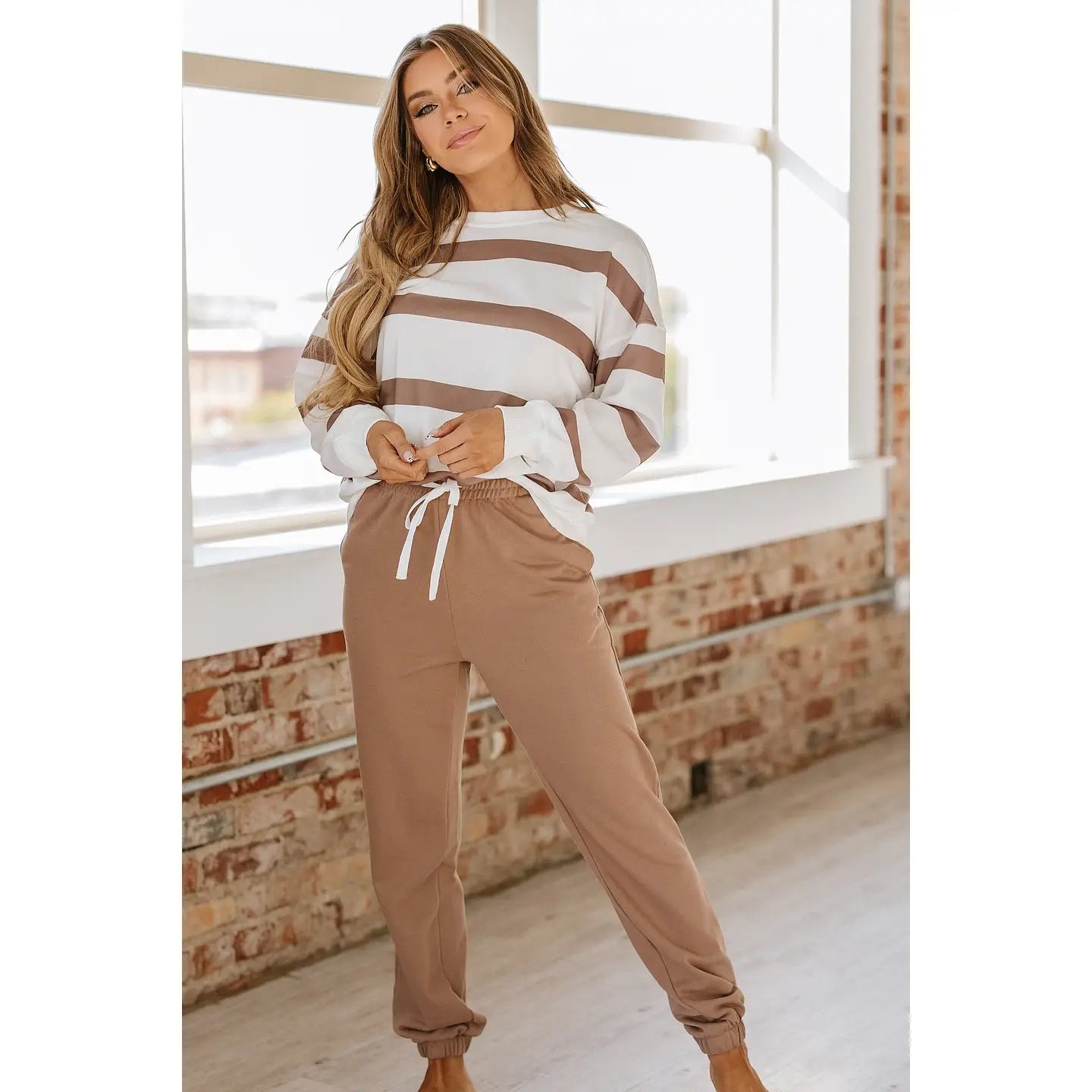 French Beige Striped Pullover Fitted Ribbed Sweater