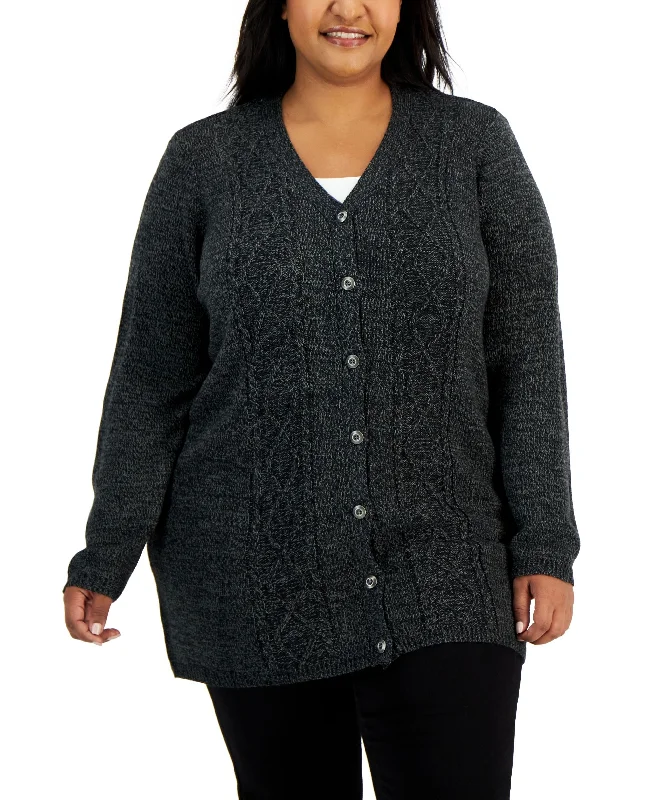 Plus Size V-Neck Cable-Knit Cardigan Hooded Cardigan Collared Cardigan Shawl Collar