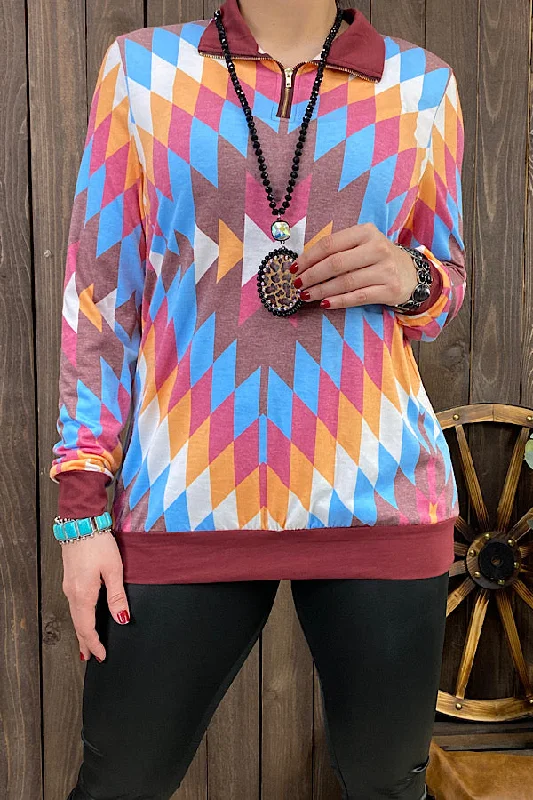 XCH9577 Multi color Aztec printed zipper pullover Cold Shoulder Design