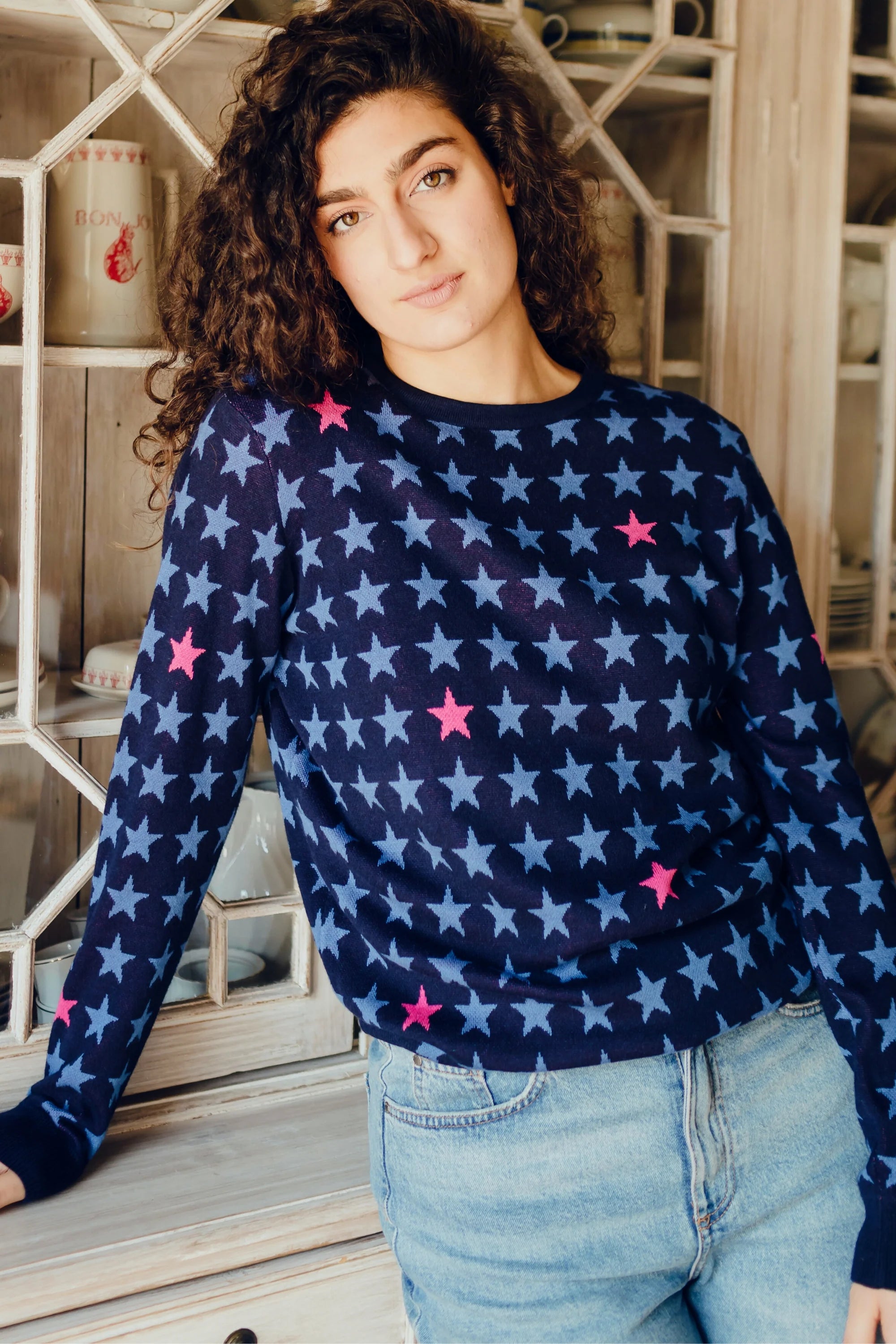 Rosie Jumper, Navy Color Pop Stars Machine Wash Dry Clean Hand Wash