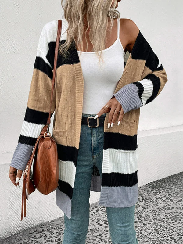 New long sleeve contrast color cardigan sweater Tailored Straight A-Line