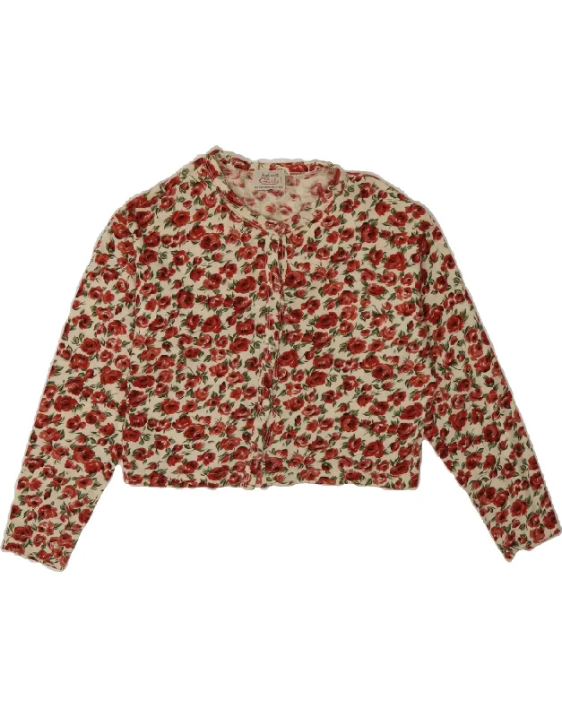 VINTAGE Womens 3/4 Sleeve Crop Cardigan Top UK 12 Medium Red Floral Cotton Chenille Brocade Lace