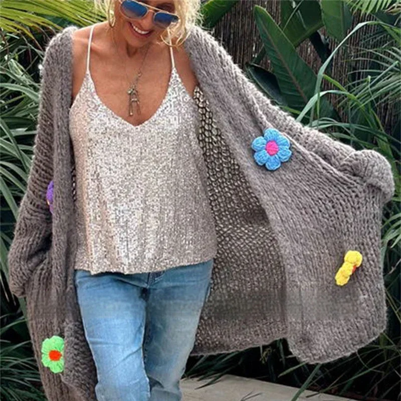 Hand Crocheting Flowers Long Cardigan Jacket Idle Style Casual Loose Women's Sweater Fitted Loose Oversized