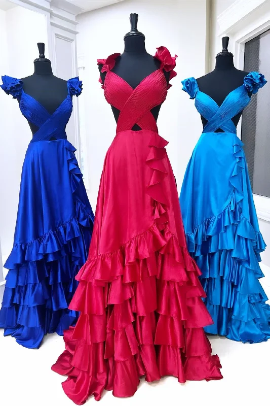 Fuchsia Crossed Top Ruffled Layers Long Prom Dress with Slit