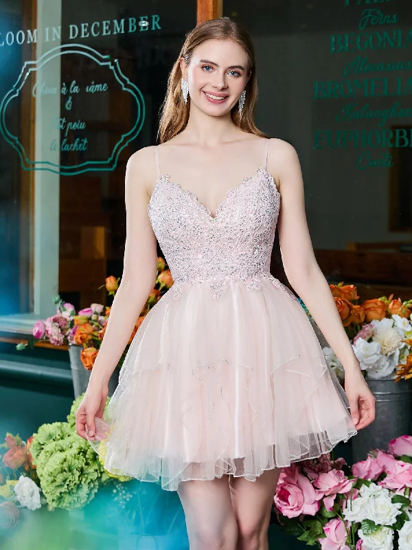 V-neck Applique Pleated Tulle Short Prom Dress Pearl Pink