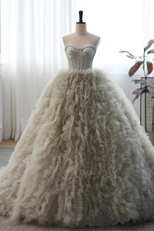 Grey Strapless A-line Ruffle-Layers Long Prom Dress