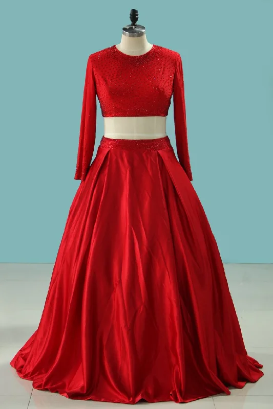 A Line Scoop Beaded Bodice Prom Dress Two Pieces Floor Length