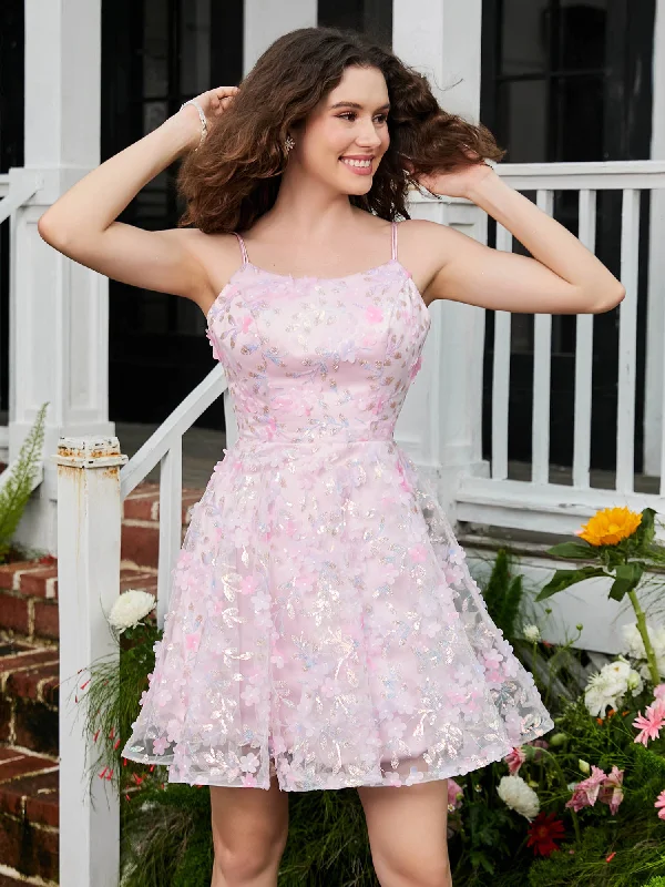 Floral Spaghetti Straps Lace A-line Mini HOCO Dress Blushing Pink
