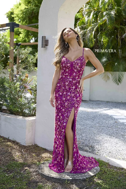 Primavera Couture 4336 Size 4 Grape Sheer Beaded Sequin Prom Dress Corset V Neck Formal Evening Gown