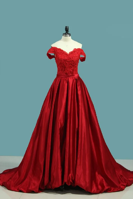 Prom Dresses A Line Off The Shoulder Satin With Applique