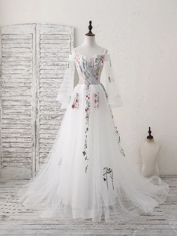 White Sweetheart Tulle Applique Long Prom Dress, White Evening Dress