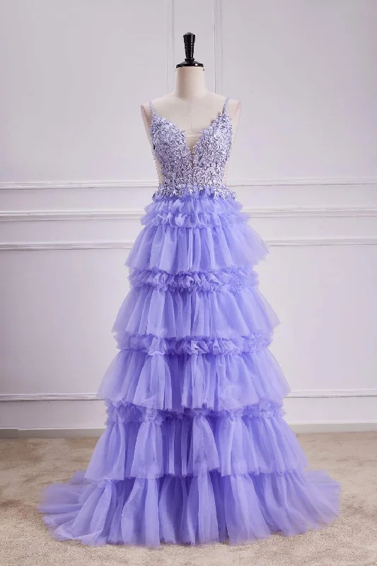 Lavender Lace-Up Appliques A-line Layers Long Prom Dress