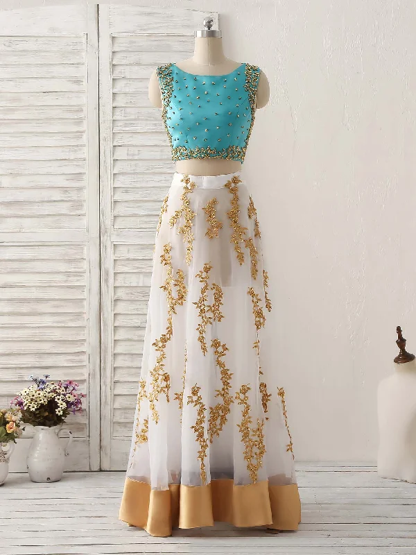 Unique Two Pieces Beads Lace Applique Long Prom Dress, Green Evening Dress