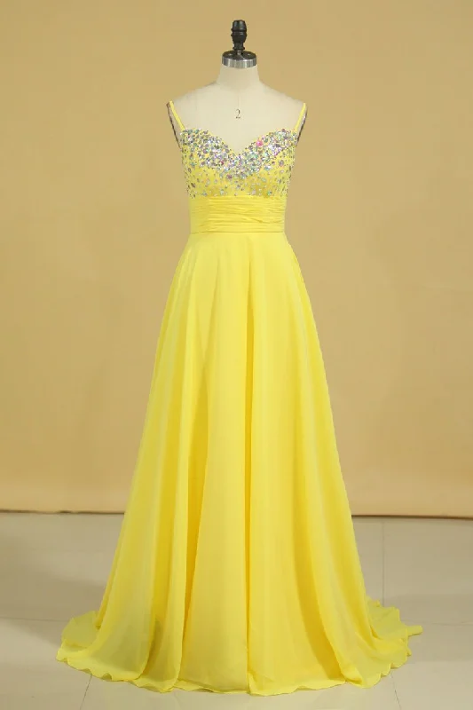 Prom Dress Spaghetti Straps Rhinestone Beaded Bodice Runched Waistband With Flowing Chiffon Skirt