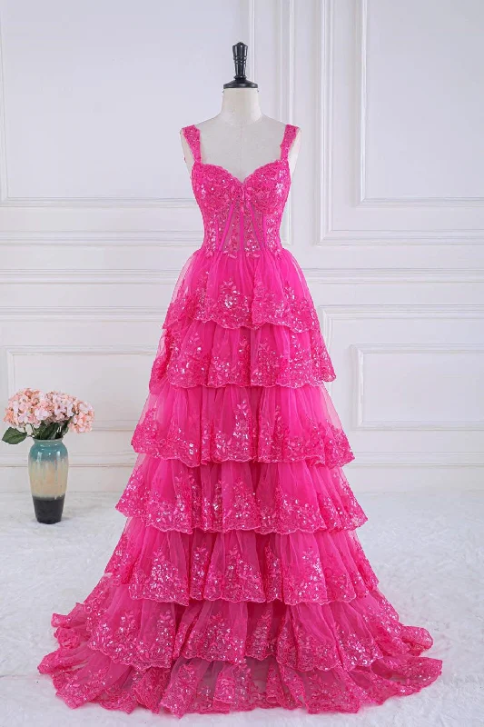 Hot Pink Layers Sequined Floral Long Prom Dress