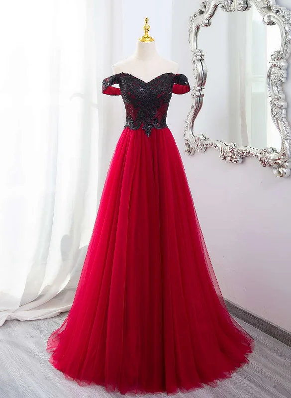 Dark Red Tulle with Black Lace Off Shoulder Prom Dress, A-line Dark Red Evening Dress Dark Red Tulle with Black Lace Off Shoulder Prom Dress, A-line Dark Red Evening Dress
