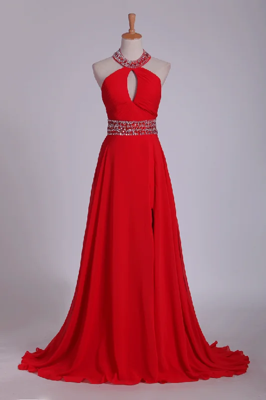 Prom Dresses A Line Halter Chiffon With Beading And Ruffles