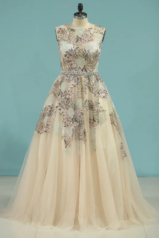 Prom Dress Boat Neck Tulle With Beads&Appliques