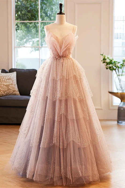 Pink Deep V Neck Straps Beaded Appliques Multi-Layers Maxi Formal Dress