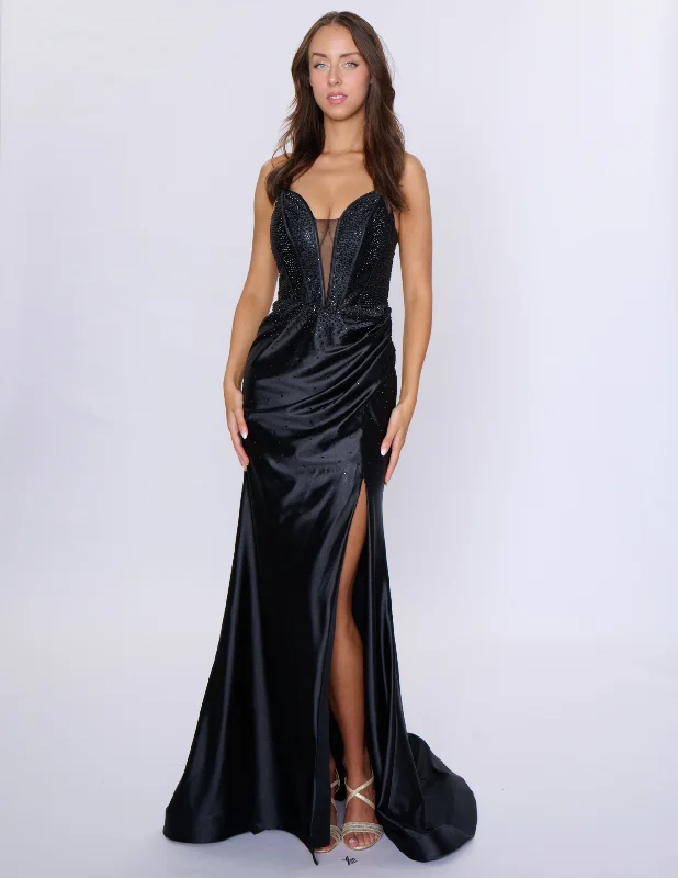 Nina Canacci 6687 Size 4,6,8,10,12 Black Long Fitted Crystal Corset Prom Dress Formal Evening Gown Slit V Neck