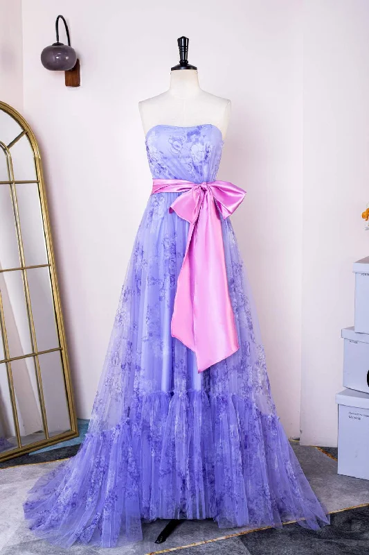 Lavender Strapless Ruffled Floral Long Prom Dress with Bow Sash