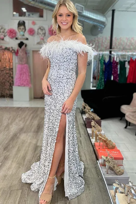 Silver Sequin Feather Off-the-Shoulder Mermaid Long Formal Dress with Slit