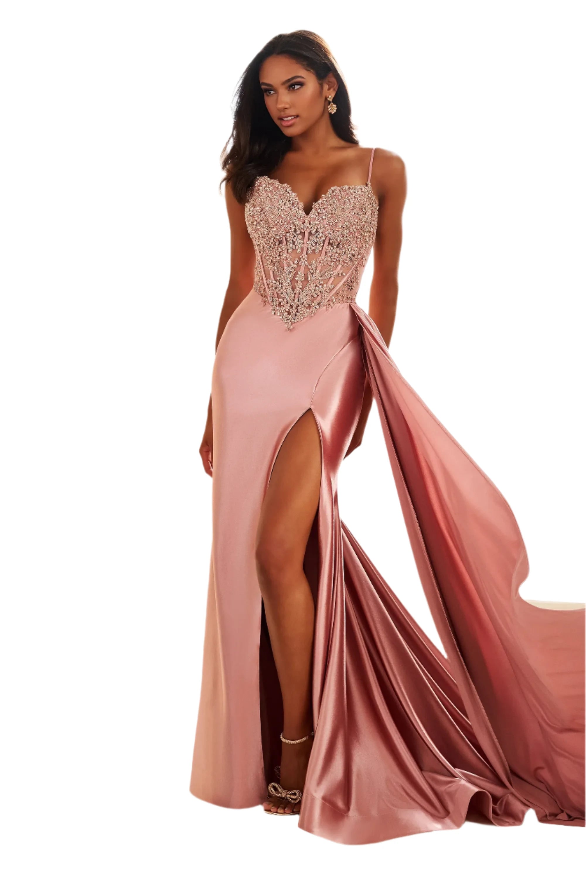 Ellie Wilde EW36064 Size 8 Rose Gold Long Sheer Lace Corset Prom Dress Overskirt Slit Pageant Formal Evening Gown Ellie Wilde EW36064 Size 8 Rose Gold Long Sheer Lace Corset Prom Dress Overskirt Slit Pageant Formal Evening Gown