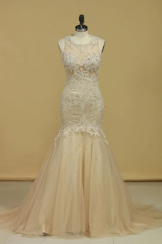 Plus Size See-Through Scoop Mermaid Prom Dresses Tulle With Applique And Beads