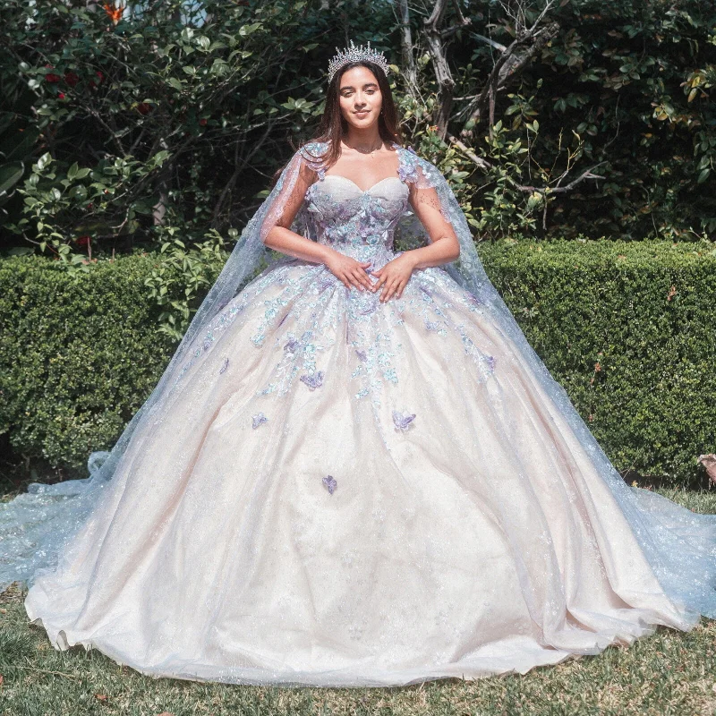 Long 3D Butterfly Glitter Cape Quinceanera Dress