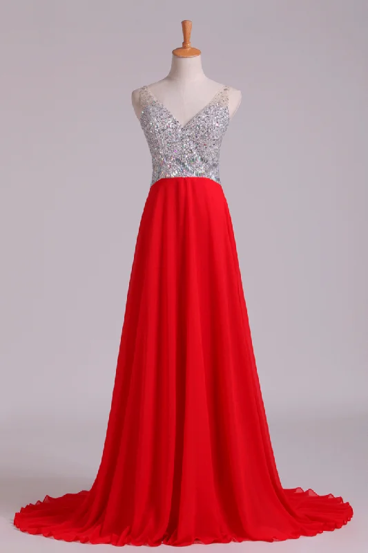 Prom Dress V-Neck A-Line Beaded Tulle Bodice Sweep Train Chiffon